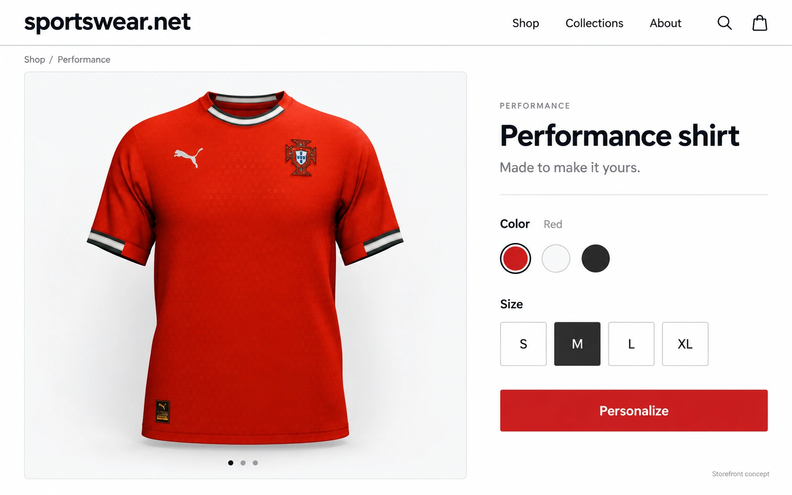 Illustrative sportswear.net product page showing the red demo shirt beside colour, size and personalization options.